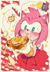 Rule 34 | 1girl, amy rose, animal ears, animal nose, aqua eyes, artist name, bacon, bare shoulders, blush, border, bottle, bow, bracelet, bread, bread slice, cheese, closed mouth, eating, egg, eyelashes, ezume (rosehip), food, food on face, fried egg, fried egg on toast, furry, furry female, gloves, gold bracelet, hairband, hands up, heart, hedgehog ears, hedgehog girl, hedgehog tail, highres, holding, holding food, jewelry, looking to the side, mayonnaise, package, pink fur, plaid, plaid background, polka dot, red background, red bow, red hairband, red skirt, skirt, solo, sonic (series), standing, star (symbol), tail, tank top, toast, white background, white border, white gloves, white tank top