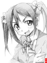 Rule 34 | 10s, 1girl, black hair, blush, bow, cardigan, gofu, greyscale, hair bow, looking at viewer, love live!, love live! school idol project, monochrome, open mouth, school uniform, short hair, sketch, smile, solo, traditional media, twintails, yazawa nico