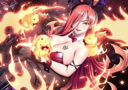 action_taimanin animal artist_logo artist_name astaroth_(taimanin_asagi) chest_tattoo earrings fire highres holding holding_animal jewelry logo open_mouth rabbit rabbit_ears red_hair remchi301 ribbon signature smile taimanin_(series) taimanin_asagi taimanin_rpgx tattoo