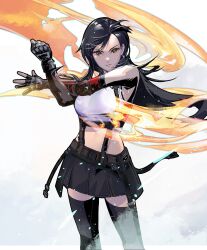 Rule 34 | 1girl, arm guards, armor, bare shoulders, belt buckle, black gloves, black hair, black skirt, black thighhighs, breasts, buckle, closed mouth, cofffee, crop top, elbow gloves, final fantasy, final fantasy vii, final fantasy vii remake, fire, gloves, highres, large breasts, long hair, looking at viewer, messy hair, navel, red eyes, shirt, simple background, skirt, solo, square enix, standing, strap, stretching, suspender skirt, suspenders, thighhighs, thighs, tifa lockhart, toned, upper body, white background, white shirt