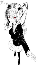 Rule 34 | 1girl, animal ears, asuzemu, blazer, breasts, collared shirt, expressionless, from side, hair between eyes, highres, jacket, long hair, long sleeves, looking at viewer, messy hair, monochrome, open mouth, outstretched arm, perspective, pleated skirt, rabbit ears, red eyes, reisen udongein inaba, shirt, shoes, simple background, skirt, solo, spot color, touhou, very long hair, white background