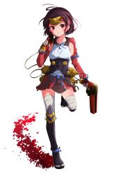 Rule 34 | 1girl, ahoge, boots, brown hair, dual wielding, expressionless, full body, gas tank, gun, headband, headgear, highres, holding, koutetsujou no kabaneri, leg up, looking at viewer, mumei (kabaneri), over shoulder, pekeponn, purple eyes, red eyes, ribbon, short hair, skirt, solo, thigh boots, thighhighs, weapon, weapon over shoulder, white background