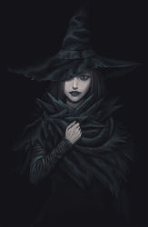 Rule 34 | 1girl, black background, black eyes, black hair, black hat, black lips, black theme, demon&#039;s souls, female focus, fingernails, from software, hat, highres, long fingernails, long hair, pale skin, pontako, realistic, robe, solo, witch, witch hat, yuria the witch