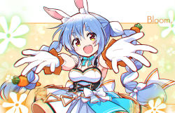 Rule 34 | 1girl, :d, animal ear fluff, animal ears, armpit peek, belt, blue bow, blue bowtie, blue hair, blush, bow, bowtie, braid, breasts, carrot hair ornament, chromatic aberration, commentary, commentary request, corset, dress, english text, floral background, food-themed hair ornament, foreshortening, gloves, gold trim, hair bow, hair ornament, highres, hololive, long hair, looking at viewer, medium breasts, multicolored hair, open mouth, orange eyes, palms, rabbit-shaped pupils, rabbit ears, rabbit girl, reaching, reaching towards viewer, sakino shingetsu, sidelocks, smile, solo, symbol-shaped pupils, teeth, twin braids, twintails, two-tone hair, upper body, upper teeth only, usada pekora, very long hair, virtual youtuber, white bow, white dress, white gloves, white hair