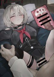 Rule 34 | 1boy, 1girl, absurdres, bar censor, bare shoulders, bed, belt, belt collar, black bow, black choker, black skirt, black thighhighs, blush, bow, breasts, censored, choker, closed eyes, clothing cutout, collar, collared shirt, commentary, commission, cross-section, cum, cum in pussy, ejaculation, grey hair, grey panties, grey shirt, hair between eyes, hair bow, hetero, high belt, highres, internal cumshot, legs up, long bangs, lying, m legs, male pubic hair, miniskirt, missionary, multiple belts, neckerchief, on back, on bed, original, panties, penis, pillow, pov, pubic hair, pussy cutout, red neckerchief, sex, shirt, short hair, shoulder cutout, skirt, skull ornament, sleep molestation, sleep sex, small breasts, solo focus, spread legs, thigh strap, thighhighs, umber00, underwear, uterus, vaginal