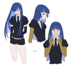 Rule 34 | 1other, absurdres, belt, black shirt, blue eyes, blue hair, blunt bangs, collared shirt, colored eyelashes, colored skin, cropped legs, elbow gloves, gem uniform (houseki no kuni), gloves, gold, golden arms, hdyjeon, highres, houseki no kuni, long hair, looking at viewer, multiple views, necktie, other focus, phosphophyllite, phosphophyllite (ll), puffy short sleeves, puffy sleeves, shirt, short jumpsuit, short shorts, short sleeves, shorts, simple background, smile, straight hair, thigh gap, v, white background, white belt, white skin