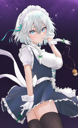 Rule 34 | 1girl, absurdres, apron, black background, black thighhighs, blue bow, blue dress, blue eyes, blush, bow, braid, breasts, clock, closed mouth, dress, gloves, gradient background, green bow, hair between eyes, hair bow, hand up, highres, izayoi sakuya, knife, looking at viewer, maid, maid headdress, medium breasts, puffy short sleeves, puffy sleeves, purple background, shirt, short hair, short sleeves, silver hair, solo, standing, teeth, thighhighs, touhou, twin braids, white apron, white bow, white gloves, white shirt, yuzi (32745637280)