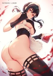 Rule 34 | 1girl, alternate costume, ass, bare shoulders, black gloves, black hair, black leotard, black thighhighs, blurry, breasts, clothing cutout, covered erect nipples, cup, embarrassed, enmaided, fingerless gloves, floating hair, foreshortening, from behind, gloves, highleg, highres, holding, leotard, liremi, long hair, looking at viewer, looking back, looking down, maid, maid headdress, medium breasts, partially visible vulva, red eyes, solo, spy x family, thighhighs, thighs, twisted torso, underboob, underboob cutout, yor briar