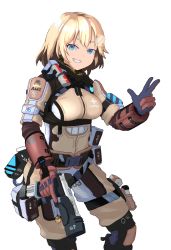 Rule 34 | 1girl, blonde hair, blue eyes, breasts, brown gloves, bubba (watson amelia), commentary, cosplay, english commentary, eyebrows hidden by hair, gloves, grapple pilot (titanfall 2), gun, hair ornament, handgun, highres, holding, holding gun, holding weapon, hololive, hololive english, jack cooper, jack cooper (cosplay), knee pads, looking at viewer, medium breasts, pilot (titanfall 2), pilot suit, pistol, re-45 auto, sate, short hair, solo, titanfall (series), titanfall 2, v, v-shaped eyebrows, virtual youtuber, watson amelia, weapon, white background