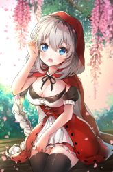 Rule 34 | 1girl, :o, bare arms, black thighhighs, blue eyes, blurry, blurry background, blush, braid, braided ponytail, breasts, cleavage, cloak, collarbone, depth of field, dress, fate/grand order, fate (series), flower, hair flower, hair ornament, hand up, highres, hood, hooded cloak, little red riding hood, little red riding hood (grimm), long hair, looking at viewer, marie antoinette (fate), medium breasts, melings (aot2846), official alternate costume, open mouth, petals, pink flower, red dress, silver hair, single braid, sitting, solo, thighhighs, very long hair, wisteria, zettai ryouiki