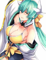 Rule 34 | 1girl, aqua hair, bikini, bikini top only, breasts, fate/grand order, fate (series), highres, horns, kiyohime (fate), kiyohime (fate/grand order), kiyohime (swimsuit lancer) (fate), kiyohime (swimsuit lancer) (first ascension) (fate), large breasts, long hair, looking at viewer, raised eyebrows, revision, sabujiroko, simple background, smile, solo, swimsuit, twintails, white background, yellow bikini