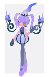 1girl black_gloves black_pantyhose blunt_bangs border chandelure collared_shirt commentary_request creatures_(company) expressionless full_body game_freak gen_5_pokemon gloves grey_background hand_up highres htn_nm long_hair looking_at_viewer nintendo pantyhose personification pokemon purple_footwear purple_hair shirt signature sleeveless sleeveless_shirt solo white_border yellow_eyes