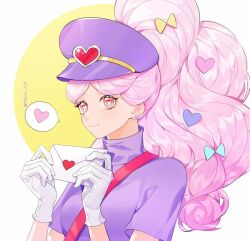 Rule 34 | 1girl, artist request, cookie run, cotton candy cookie, curly hair, envelope, heart, holding, holding envelope, humanization, long hair, non-web source, parted bangs, personification, pink hair, purple hair, purple shirt, shirt, short sleeves, solo, source request, sparkle, very long hair, wavy hair