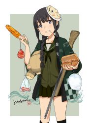 Rule 34 | 10s, 1girl, black eyes, black hair, braid, character name, commentary request, cotton candy, cowboy shot, food, grey background, gun, kantai collection, kitakami (kancolle), mask on head, neckerchief, pleated skirt, rifle, sailor collar, school uniform, single braid, skirt, solo, stuffed animal, stuffed toy, takoyaki, teddy bear, toothpick, two-tone background, ume (plumblossom), weapon, white background
