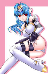 Rule 34 | 00s, 1girl, ass, blue eyes, blue hair, boots, breasts, elbow gloves, gloves, kos-mos, large breasts, long hair, lying, matching hair/eyes, nakajima rei, nipples, on side, panties, red eyes, solo, thigh boots, thighhighs, underwear, white panties, xenosaga
