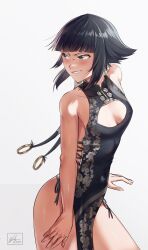 Rule 34 | 1girl, absurdres, artist name, bare legs, bare shoulders, black dress, black hair, black thighhighs, bleach, blue eyes, blunt bangs, blush, breasts, china dress, chinese clothes, commentary, dress, english commentary, hair ornament, hair tubes, hand on own leg, highres, side slit, small breasts, smile, solo, sui-feng, thighhighs, tight clothes, tight dress, waligner, white background