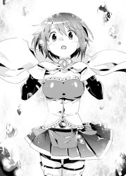 Rule 34 | 1girl, blush, breasts, bubble, cape, cowboy shot, detached sleeves, fortissimo, gloves, greyscale, hair between eyes, hair ornament, hairclip, hands on own chest, ikuhashi muiko, looking at viewer, magical girl, mahou shoujo madoka magica, mahou shoujo madoka magica (anime), medium breasts, miki sayaka, miniskirt, monochrome, musical note, musical note hair ornament, open mouth, pleated skirt, short hair, skirt, solo, thighhighs, white cape, white gloves