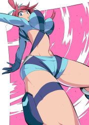 Rule 34 | 1girl, back, blue jacket, blue shorts, breasts, creatures (company), cropped jacket, foreshortening, from below, game freak, gloves, green eyes, gym leader, hands up, highres, impossible clothes, jacket, long sleeves, looking at viewer, medium breasts, midriff, navel, nintendo, open mouth, outstretched arms, pokemon, pokemon bw, pouch, red hair, shimure (460), shorts, skyla (pokemon), solo, spread arms, stomach, suspenders, thigh pouch, thighs, twisted torso, unaligned breasts