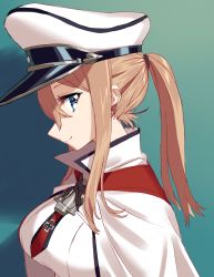 Rule 34 | 10s, 1girl, alternate hairstyle, anchor, aqua background, arms at sides, blew andwhite, blonde hair, blue background, blue eyes, breasts, capelet, gradient background, graf zeppelin (kancolle), hair between eyes, hat, highres, kantai collection, large breasts, long hair, looking at viewer, military, military uniform, peaked cap, ponytail, profile, sidelocks, simple background, smile, solo, uniform, upper body