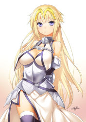 Rule 34 | 1girl, 47agdragon, armor, armored dress, bare shoulders, blonde hair, breasts, cleavage, detached sleeves, dress, fate/apocrypha, fate/grand order, fate (series), grey eyes, grey thighhighs, headpiece, highres, jeanne d&#039;arc (fate), jeanne d&#039;arc (ruler) (fate), jeanne d&#039;arc (third ascension) (fate), large breasts, long hair, looking at viewer, mcdonald&#039;s, ruler (fate/grand order), solo, thighhighs, thighs, very long hair, white dress