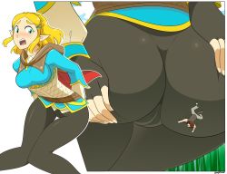 Rule 34 | 1boy, 1girl, ass, ass grab, blonde hair, blush, breasts, cameltoe, dangerking11, deep skin, fingerless gloves, from behind, giant, giantess, gloves, green eyes, hair ornament, hairclip, highres, looking back, looking down, medium breasts, mini person, miniboy, nintendo, open mouth, pants, pointy ears, princess zelda, shiny clothes, short hair, the legend of zelda, the legend of zelda: breath of the wild, the legend of zelda: tears of the kingdom, tight clothes, tight pants