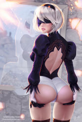 Rule 34 | 1girl, ass, ass grab, back, back cutout, black blindfold, black gloves, black hairband, black thighhighs, blindfold, bob cut, breasts, brown footwear, clothing cutout, covered eyes, cowboy shot, day, deep skin, deviantart username, facing viewer, feather-trimmed sleeves, feather trim, from behind, gloves, grabbing, grabbing own ass, hairband, hands on ass, highres, indoors, juliet sleeves, legs apart, leotard, light rays, long sleeves, medium breasts, mole, mole on ass, mole under mouth, nier:automata, nier (series), no pants, nose, parted lips, patreon username, pink lips, prywinko, puffy sleeves, reflection, ribbon trim, short hair, signature, silver hair, solo, spread ass, standing, sunbeam, sunlight, teeth, thigh grab, thighhighs, thong leotard, twisted neck, vambraces, watermark, web address, white leotard, 2b (nier:automata)