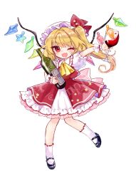 Rule 34 | 1girl, alcohol, ascot, bat wings, black footwear, blonde hair, bottle, crystal, cup, drinking glass, flandre scarlet, full body, hat, hat ribbon, highres, holding, holding cup, mob cap, multicolored wings, one eye closed, one side up, open mouth, puffy short sleeves, puffy sleeves, red eyes, red skirt, red vest, ribbon, short sleeves, side ponytail, skirt, skirt set, socks, solo, torii sumi, touhou, vest, white hat, white socks, wine, wine bottle, wine glass, wings, yellow ascot