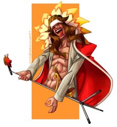 Rule 34 | 1boy, abs, brown hair, cloak, cropped torso, diamante, facepaint, flower, head tilt, highres, holding, holding microphone, keysandcrosses, long hair, looking at viewer, male focus, microphone, one eye closed, one piece, open clothes, open mouth, open shirt, red cloak, red nails, snail, solo, toned, toned male, tongue, tongue out, yellow flower