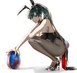 1girl, animal ears, anklet, bangs, bare shoulders, black footwear, black nails, bow, bowtie, bracelet, breasts, bunny ears, bunny tail, cleavage, closed mouth, commentary request, delsaber, earrings, easter egg, egg, fake animal ears, fake tail, fire emblem, fire emblem: the blazing blade, fishnet legwear, fishnets, full body, green eyes, green hair, hair between eyes, high heels, high ponytail, highres, holding, holding egg, jewelry, large breasts, long hair, looking at viewer, lyn (fire emblem), nail polish, nintendo, patent heels, playboy bunny, ponytail, shadow, shoes, simple background, smile, solo, squatting, stiletto heels, tail, white background