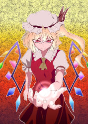 Rule 34 | 1girl, absurdres, ascot, blonde hair, breasts, closed mouth, collared shirt, commentary request, cowboy shot, crystal, dress, flandre scarlet, frilled shirt collar, frills, gradient background, hat, hat ribbon, highres, kduf, long hair, looking at viewer, mob cap, one side up, orange background, pinafore dress, reaching, reaching towards viewer, red dress, red eyes, red ribbon, ribbon, shirt, sleeveless, sleeveless dress, slit pupils, small breasts, smile, solo, touhou, white hat, white shirt, wings, yellow ascot, yellow background