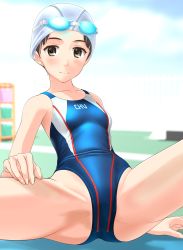 Rule 34 | 1girl, absurdres, black eyes, black hair, blue one-piece swimsuit, blurry, breasts, collarbone, competition swimsuit, depth of field, goggles, goggles on head, highres, looking at viewer, one-piece swimsuit, original, short hair, sitting, small breasts, solo, spread legs, swim cap, swimsuit, takafumi, white headwear
