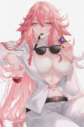 Rule 34 | 1girl, absurdres, alcohol, animal ears, bead necklace, beads, belt, blush, bra, breasts, cleavage, contemporary, cup, drinking glass, earrings, unworn eyewear, fox ears, genshin impact, highres, jacket, jewelry, large breasts, long hair, long sleeves, looking at viewer, navel, necklace, pants, pink hair, purple eyes, shei99, sidelocks, solo, sunglasses, thighs, underwear, very long hair, white bra, white jacket, white pants, wine, wine glass, yae miko