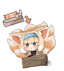 Rule 34 | 1girl, animal ears, arknights, black gloves, blonde hair, blue hairband, blush, box, cardboard box, chibi, commentary request, fox ears, fox girl, fox tail, gloves, green eyes, hairband, in box, in container, kitsune, kyuubi, mokoo rokoo, multiple tails, parted lips, signature, simple background, single glove, solo, suzuran (arknights), tail, translated, white background
