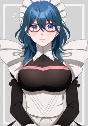 Rule 34 | 1girl, apron, black dress, blue eyes, blue hair, blush, breasts, byleth (female) (fire emblem), byleth (fire emblem), closed mouth, dress, fire emblem, fire emblem: three houses, glasses, gmais2514, hair between eyes, highres, large breasts, long hair, long sleeves, looking at viewer, maid, maid headdress, mixed-language commentary, nintendo, official alternate costume, red-framed eyewear, smile, solo, waist apron, wavy hair, white apron