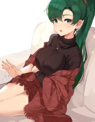 Rule 34 | 1girl, absurdres, blush, breasts, commentary request, couch, earrings, fire emblem, fire emblem: the blazing blade, green hair, highres, jewelry, lap pillow invitation, long hair, long sleeves, looking at viewer, lyn (fire emblem), md5 mismatch, medium breasts, necklace, nintendo, open mouth, ormille, ponytail, resolution mismatch, shiny skin, simple background, sitting, skirt, solo, source smaller, sweater, turtleneck