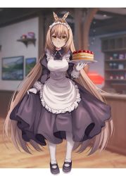 Rule 34 | alternate costume, apron, brown eyes, brown hair, cake, dress, feather hair ornament, feathers, food, frilled apron, frilled dress, frills, hair ornament, highres, hololive, hololive english, kasu umi, long hair, looking at viewer, maid, maid apron, maid cafe, maid headdress, mary janes, nanashi mumei, pantyhose, ponytail, shelf, shoes, smile, strawberry shortcake, very long hair, virtual youtuber