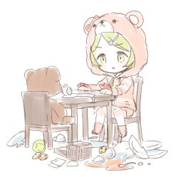 Rule 34 | 1girl, animal ears, animal hood, bear ears, bear hair ornament, bear hood, blush, broken plate, chair, chibi, commentary request, cookie, crate, cup, drawstring, fake animal ears, food, green eyes, green hair, hair ornament, hairclip, hood, hood up, hooded jacket, jacket, long sleeves, looking away, meito (maze), morinaka kazaki, nijisanji, no shoes, on chair, parted lips, pink shorts, plate, short shorts, shorts, simple background, sitting, sketch, solo, spill, spoon, striped clothes, striped jacket, stuffed animal, stuffed toy, table, teacup, teapot, teddy bear, virtual youtuber, white background