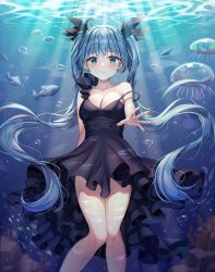 Rule 34 | 1girl, absurdres, arm behind back, bare arms, bare shoulders, black dress, blue eyes, blue hair, blush, breasts, cleavage, closed mouth, collarbone, commentary request, dress, feet out of frame, fish, hatsune miku, highres, huge filesize, jellyfish, long hair, looking at viewer, medium breasts, monjja, ribbon, shinkai shoujo (vocaloid), sleeveless, sleeveless dress, solo, strap slip, twintails, underwater, very long hair, vocaloid