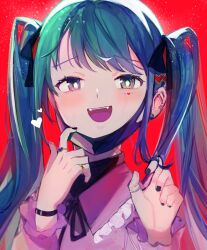 Rule 34 | 1girl, absurdres, fangs, fukami suiren, hair ornament, hatsune miku, heart, highres, long hair, long sleeves, looking at viewer, mask, mask pull, mouth mask, open mouth, red background, ribbon, shirt, smile, solo, vampire (vocaloid), vocaloid