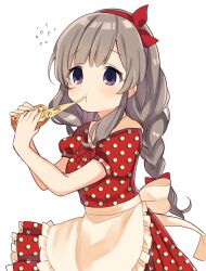 Rule 34 | 1girl, apron, blush, braid, breasts, caracorn, dress, eating, flying sweatdrops, food, frilled apron, frilled dress, frills, grey hair, hair ribbon, highres, holding, holding food, idolmaster, idolmaster shiny colors, long hair, looking at another, medium breasts, pizza toast, polka dot, polka dot dress, puffy short sleeves, puffy sleeves, purple eyes, red dress, red ribbon, ribbon, short sleeves, sidelocks, simple background, solo, twin braids, twintails, upper body, waist apron, white apron, white background, yukoku kiriko