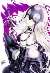 Rule 34 | 1girl, ahoge, alexwithoutwing, armor, back, blonde hair, chain, dated, elbow gloves, fate (series), from above, from behind, fur-trimmed gloves, fur trim, gloves, hair between eyes, headphones, highres, jeanne d&#039;arc (fate), jeanne d&#039;arc alter (avenger) (fate), jeanne d&#039;arc alter (fate), looking at viewer, looking back, pale skin, short hair, solo, sword, thighhighs, weapon, white background, yellow eyes