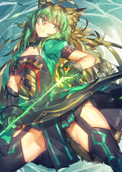 Rule 34 | 1girl, ahoge, animal ears, arrow (projectile), atalanta (fate), black gloves, blonde hair, blunt bangs, bow (weapon), breasts, cat ears, cleavage, cleavage cutout, clothing cutout, cowboy shot, dress, fate/apocrypha, fate (series), fighting stance, gloves, gradient hair, green eyes, green hair, highres, holding, holding bow (weapon), holding weapon, legs apart, long hair, looking at viewer, medium breasts, melon22, multicolored hair, pelvic curtain, puffy short sleeves, puffy sleeves, ready to draw, short sleeves, solo, standing, thighhighs, toned, weapon