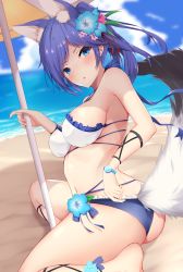 Rule 34 | 1girl, adjusting clothes, adjusting swimsuit, animal ear fluff, animal ears, ass, azur lane, barefoot, beach, blue eyes, blurry, blurry background, blush, breasts, cloud, day, flower, hair ornament, highres, jintsuu (azur lane), jintsuu (the tactician&#039;s vacation) (azur lane), kneeling, leg ribbon, looking at viewer, ocean, open mouth, purple hair, ranju aira, ribbon, sand, short hair, sky, solo, swimsuit, tail, thighs, umbrella