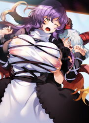 Rule 34 | 2girls, blonde hair, grabbing another&#039;s breast, breasts, commentary request, covered erect nipples, cross-laced clothes, dress, frills, grabbing, grabbing from behind, grey hair, height difference, highres, hijiri byakuren, horizontal pupils, horns, juliet sleeves, large breasts, layered dress, long hair, long sleeves, multicolored hair, multiple girls, one eye closed, open mouth, puffy sleeves, purple hair, rectangular pupils, red eyes, red horns, ruri rarako, sheep horns, touhou, toutetsu yuuma, turtleneck dress, two-tone hair, wavy hair, white dress, yellow eyes, yuri