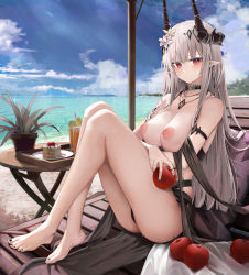 Rule 34 | 1girl, apple, arknights, arm strap, barefoot, beach, black choker, black nails, blush, breasts, cake, cake slice, choker, cleavage, closed mouth, feet, flower, food, fruit, full body, grey hair, hair flower, hair ornament, highres, horns, jewelry, large breasts, long hair, looking at viewer, mudrock (arknights), mudrock (silent night) (arknights), nail polish, necklace, nipples, official alternate costume, outdoors, pointy ears, red eyes, ru zhai, sitting, sky, solo, thighs, toes, topless, water