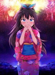 Rule 34 | 1girl, antenna hair, blue eyes, blue ribbon, blurry, blurry background, blush, covering own mouth, cowboy shot, depth of field, earrings, fireworks, floral print, ganaha hibiki, hair ribbon, hiiringu, hoop earrings, idolmaster, idolmaster (classic), japanese clothes, jewelry, kimono, long hair, long sleeves, looking at viewer, night, night sky, own hands together, pink kimono, ponytail, ribbon, sash, sky, solo, standing, star (sky), starry sky, tareme, wide sleeves