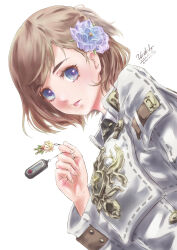 Rule 34 | 1girl, 2022, adventurer (ff11), artist name, blue eyes, blue flower, brown hair, charm (object), commentary request, dated, final fantasy, final fantasy xi, flower, hair flower, hair ornament, hand up, highres, hume, long sleeves, morere, multicolored eyes, multicolored flower, open mouth, pink lips, purple eyes, purple flower, security token, short hair, signature, simple background, solo, swept bangs, tarutaru, twitter username, white background