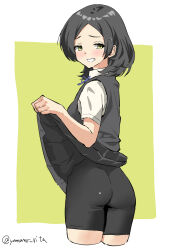 Rule 34 | 1girl, absurdres, ass, bike shorts, black skirt, black vest, blue ribbon, clothes lift, collared shirt, dress shirt, forehead, from behind, green background, grin, highres, kantai collection, kuroshio (kancolle), looking at viewer, looking back, neck ribbon, one-hour drawing challenge, parted bangs, pleated skirt, ribbon, school uniform, shirt, short hair, shorts, shorts under skirt, skirt, skirt lift, smile, solo, two-tone background, vest, white shirt, yamano rita