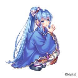 Rule 34 | 1girl, blue eyes, blue hair, blush, bow, cao (sanguko infinity), full body, hair bow, hair ornament, highres, japanese clothes, kimono, long hair, looking at viewer, official art, open mouth, otosume ruiko, own hands together, ponytail, sandals, sangoku infinity, sidelocks, solo, squatting, watermark, white legwear, wide sleeves