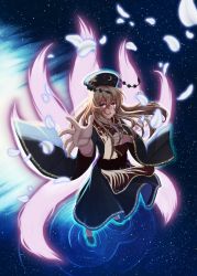 Rule 34 | 1girl, black dress, blonde hair, breasts, chinese clothes, crescent, crying, crying with eyes open, dress, energy, foreshortening, fox tail, full body, hair between eyes, hat, highres, junko (touhou), large breasts, long hair, long sleeves, looking at viewer, multiple tails, ozu (agito100001), parted lips, petals, reaching, reaching towards viewer, red eyes, ripples, sash, solo, space, tabard, tail, tears, touhou, wide sleeves